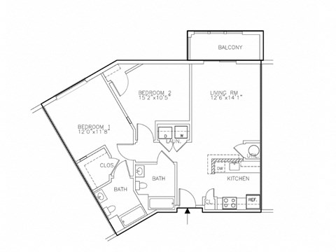 Floor plan for 2 beds, 2 baths, 970 sqft